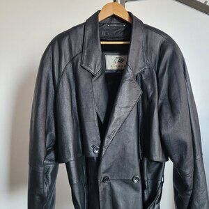 Real Leather Double Breasted Belted Long Black Classic Trench Coat (Size: 2X)